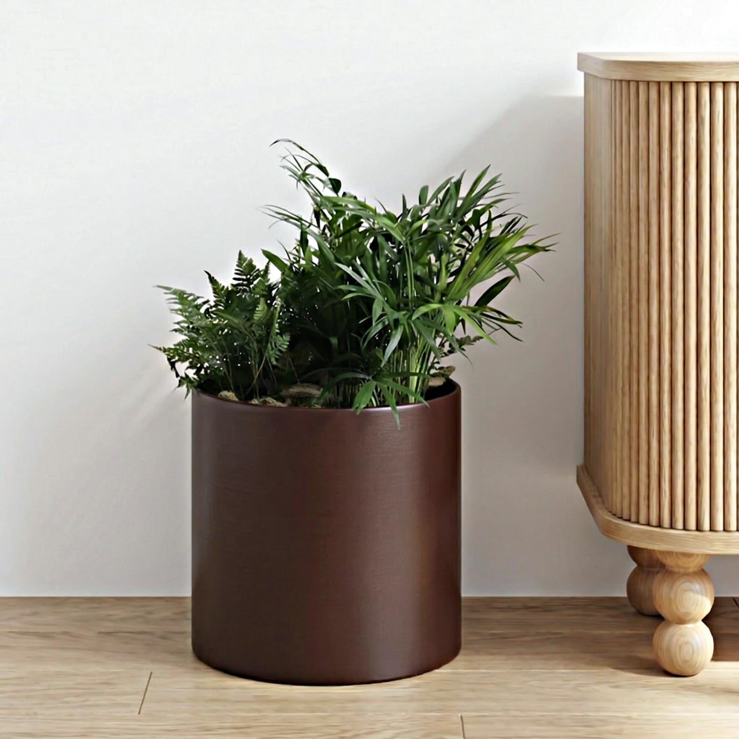 Rioneta Coffee Metal Plant Pot with Drainage Hole,7 Inch Mid Century Modern Small Pot Indoor Outdoor Planters for Succulents, Flowers & Home Decor Gift Window Living Room Bedroom