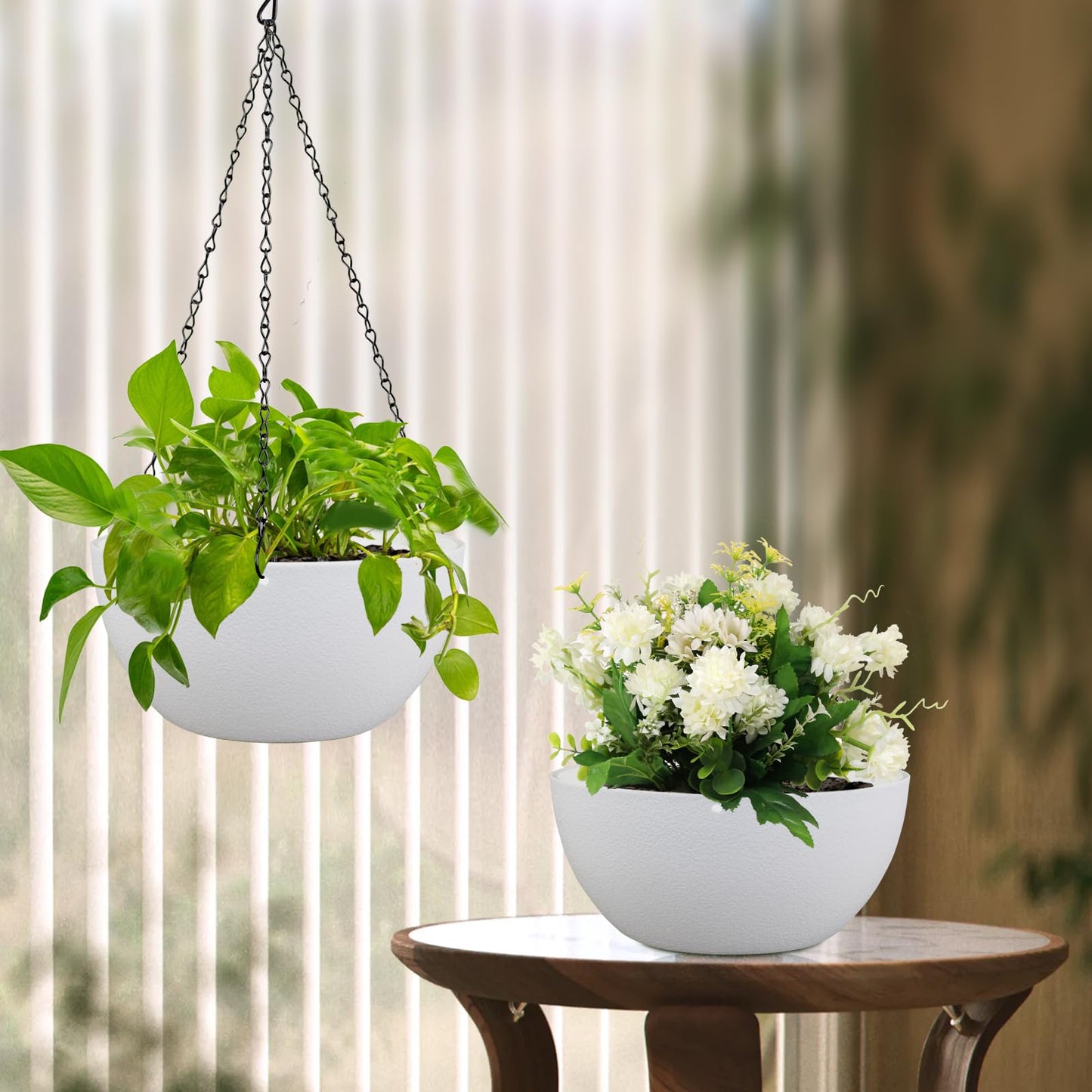 Meowell 10 inch Hanging Planters for Indoor Outdoor Plants, 2 Pack Hanging Flower Pots with Drainage Holes and Chain for Garden Balcony Porch, Round Plastic Hanging Baskets for House Plants, White