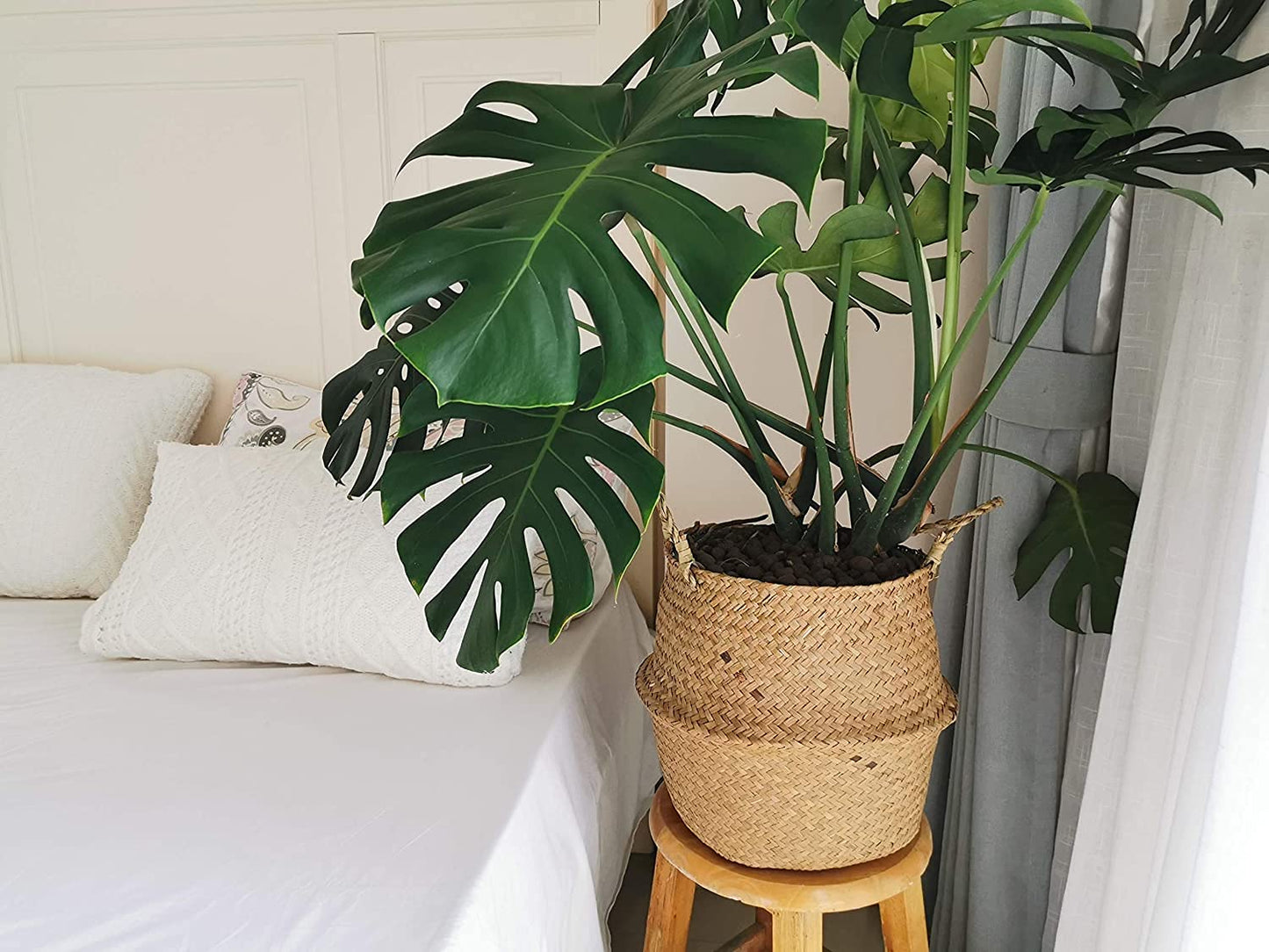 DOKOT Seagrass Plant Basket with Handles, Wicker Woven Storage Basket (8.3inch Diameter x 9inch Height), Natural