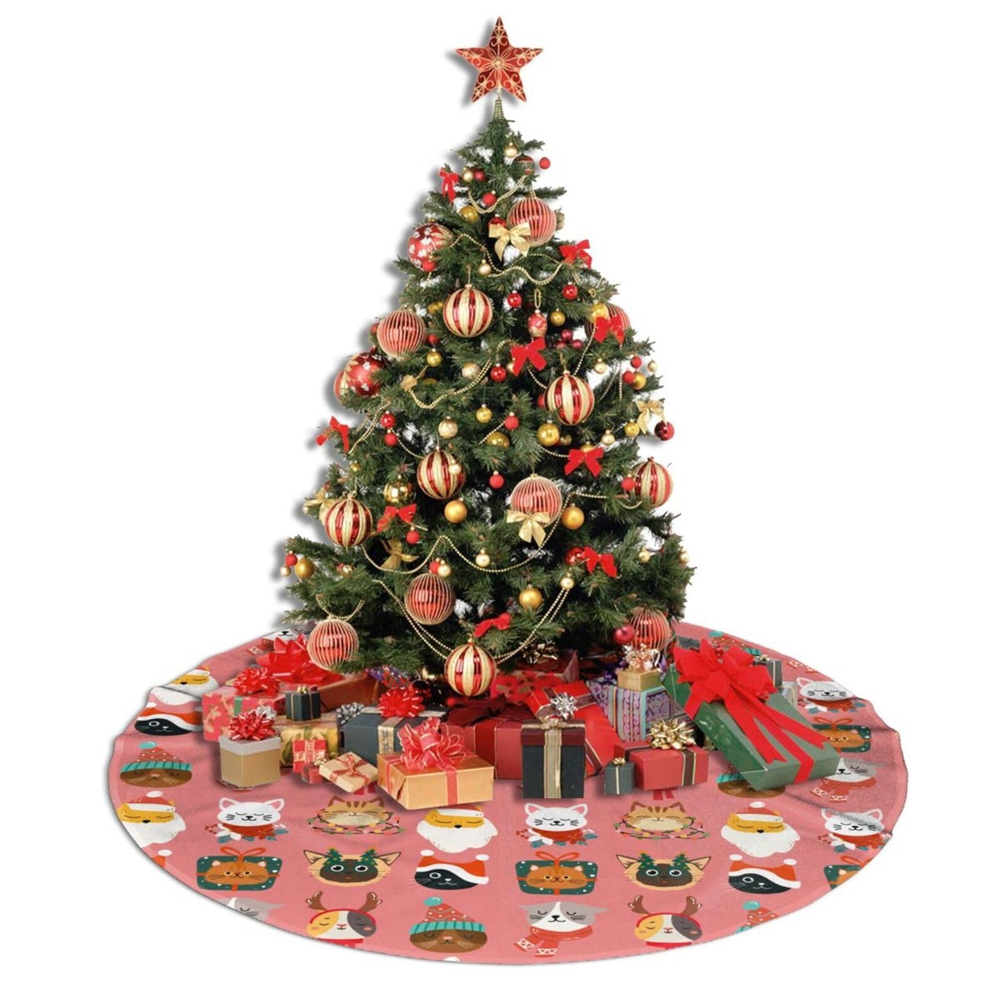 Cute Cats Christmas Tree Skirt, 48 inches Pink Kawaii Animal Tree Skirts Santa Xmas Mat Farmhouse Holiday Party New Year Supplies Ornaments Decorations for Mini Small Pencil Big Trees