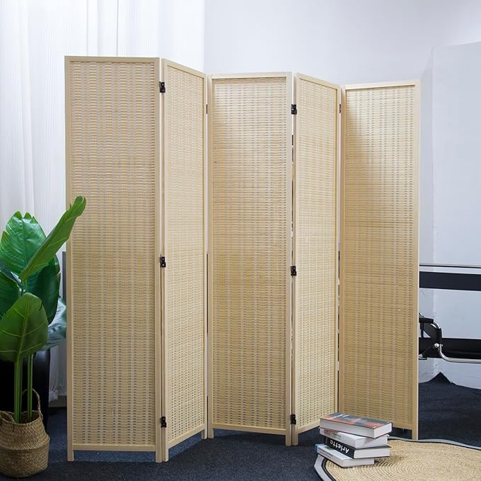 Furnnylane 5 Panel Bamboo Room Divider – 5.6 ft Tall Folding Privacy Screen