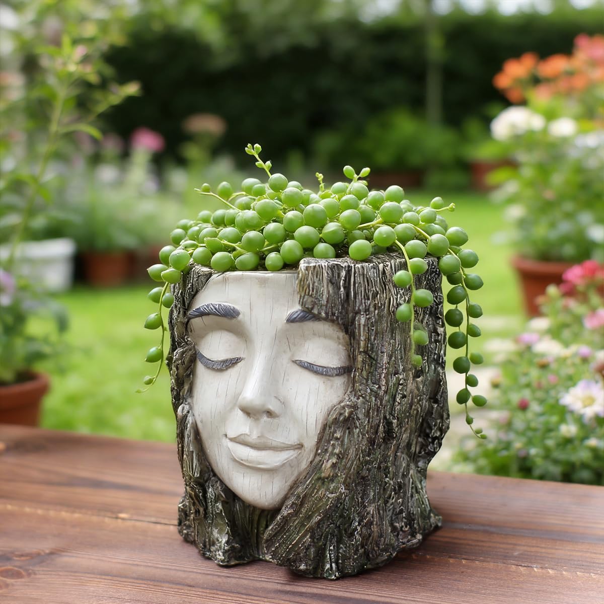 YOYLMAL Tree Stump Face Planter Pot, 4.9” Resin Women's Head Succulent Planter for Indoor Outdoor Plants, Unique Flower Pot with Drainage Hole, Gifts for Women Mom