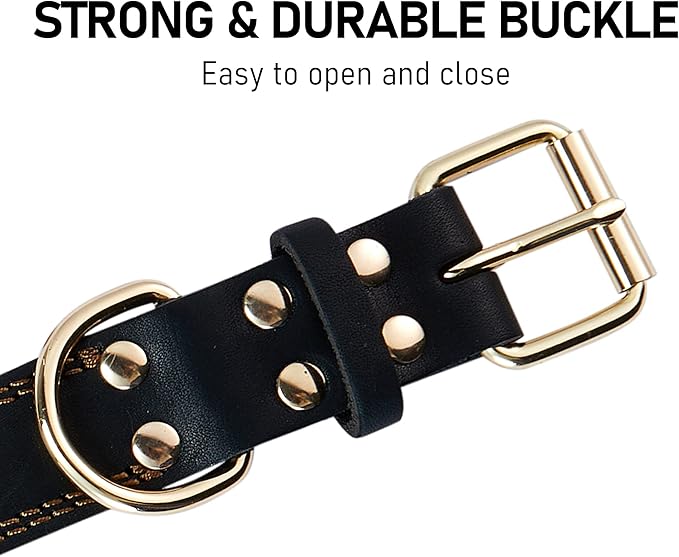 Dog Collar, Genuine Leather Heavy Duty Dog Collar for Small, Medium, Large and Extra Large Dogs (L: 1.2" Wide for 16.2"-22" Neck, Dual Stitch - Black)