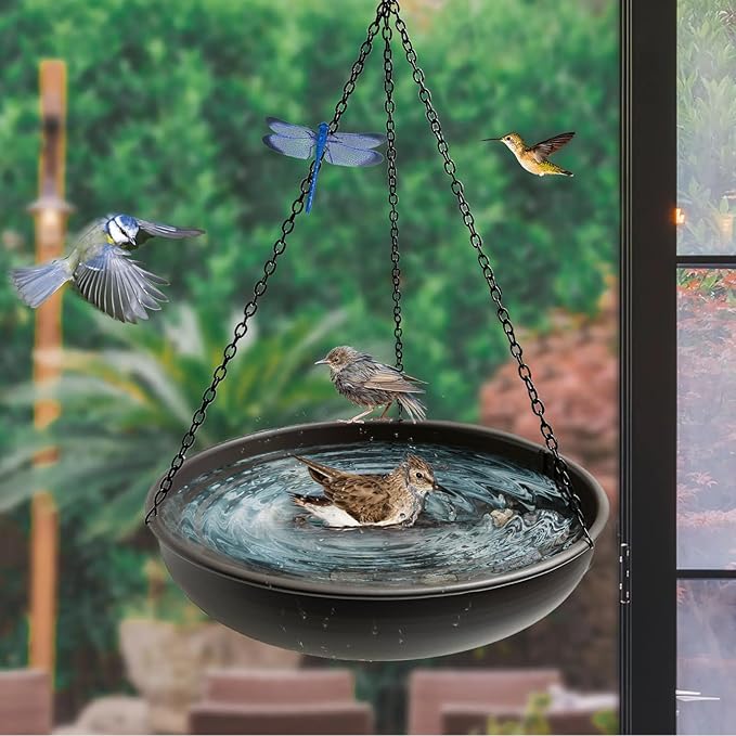 Hanging Bird Bath for Outside,11" Metal Bird Feeder Birdbath Bowl with 13.5" Rust-Proof Black Chains for Garden Backyard Decor with Magnetic Dragonfly Decor Dark Curry