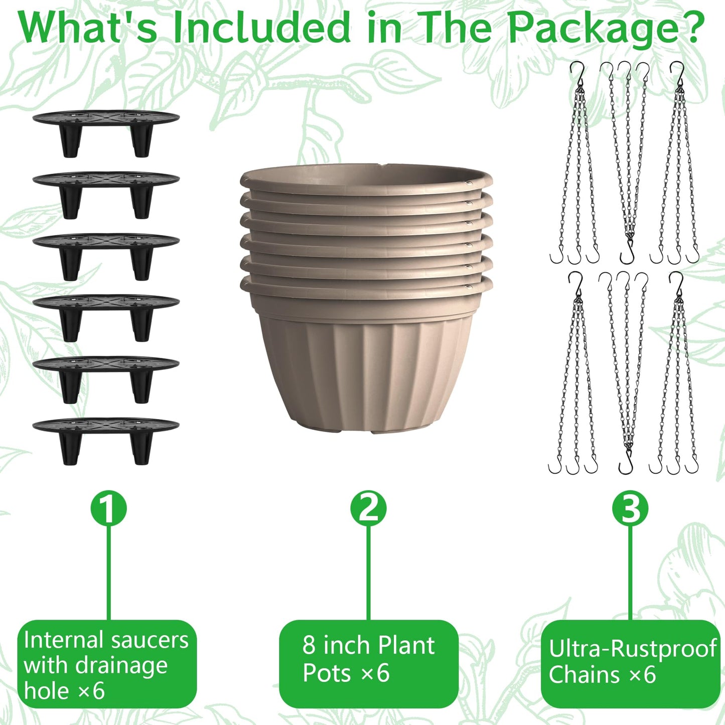 FGstyle 6 Pack Hanging Planters 8 Inch,Self Watering Pots for Indoor Plants,Plastic Hanging Basket with Soil Elevator and 20" Chain for Home Garden Porch Balcony Patio Decor(Beige)