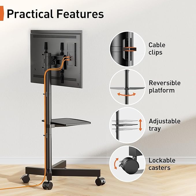 Perlegear Rolling TV Stand for 23-60 Inch LED Flat Screen/Curved TVs up to 88lbs