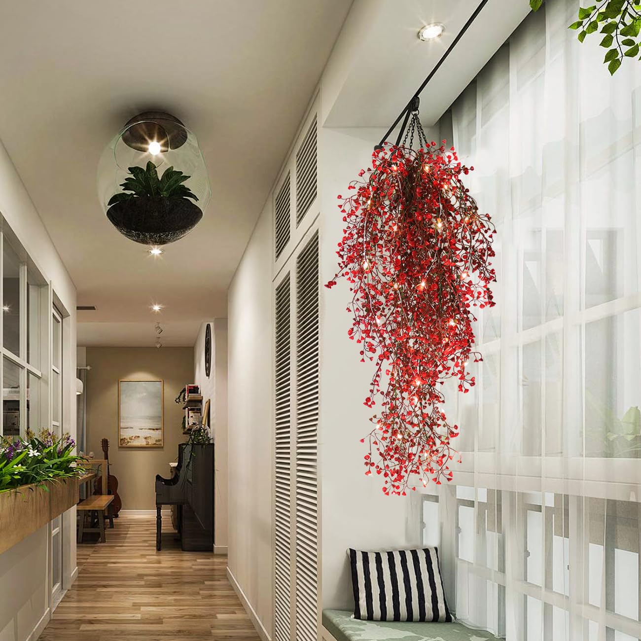 RECUTMS Artificial Hanging Fern Lighted with 30 LED Fake Hanging Ivy Vines Plastic Faux Greenery Plants for Home Wall Bedroom Garden Wedding Outside Decor Pack of 4 (Red)