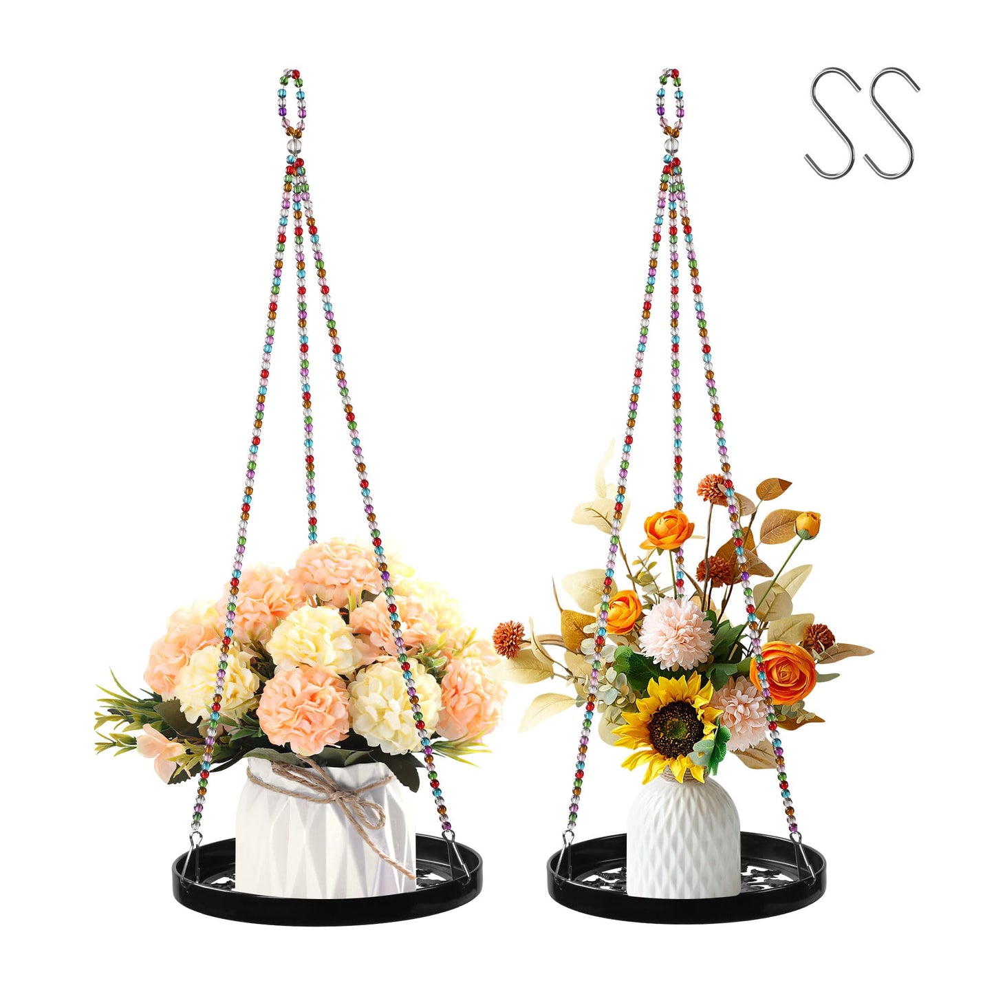 2-Pack Modern Boho Macrame Plant Hanger, 10/11 Inch Metal Hanging Planter Holder for Indoor and Outdoor Home Garden Decor, Black Hanging Plant Shelf for Window, Wall, and Ceiling. (Garden, 10/11)