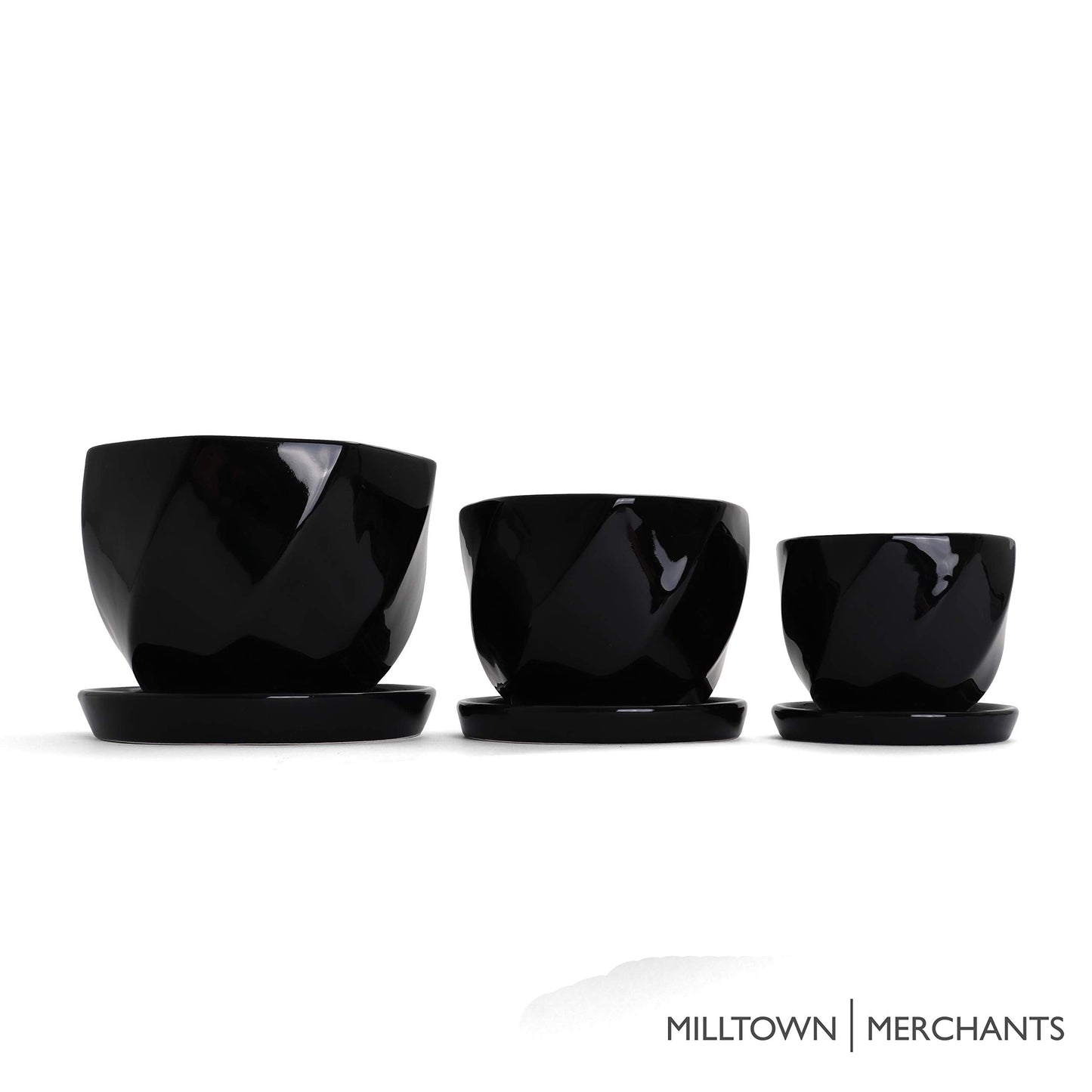 Milltown Merchants Black Planter Set - Indoor and Outdoor Plant Pot - Contemporary Ceramic Planter - Textured Planter Flower Pot Set (Twisted/Black)