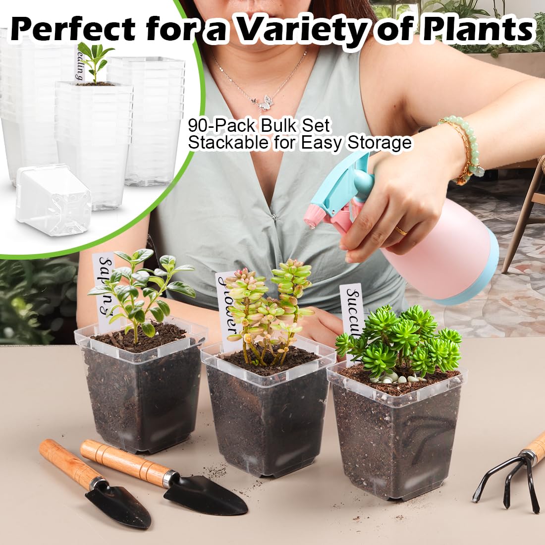 RooTrimmer 3.3 Inch Clear Nursery Pots with Drainage,90 Pack Square Seedling Pots with Plant Lables,Reusable Seed Starter Pots for Succulents Transplanting Herbs Flowers Tomato Windowsill Gardening