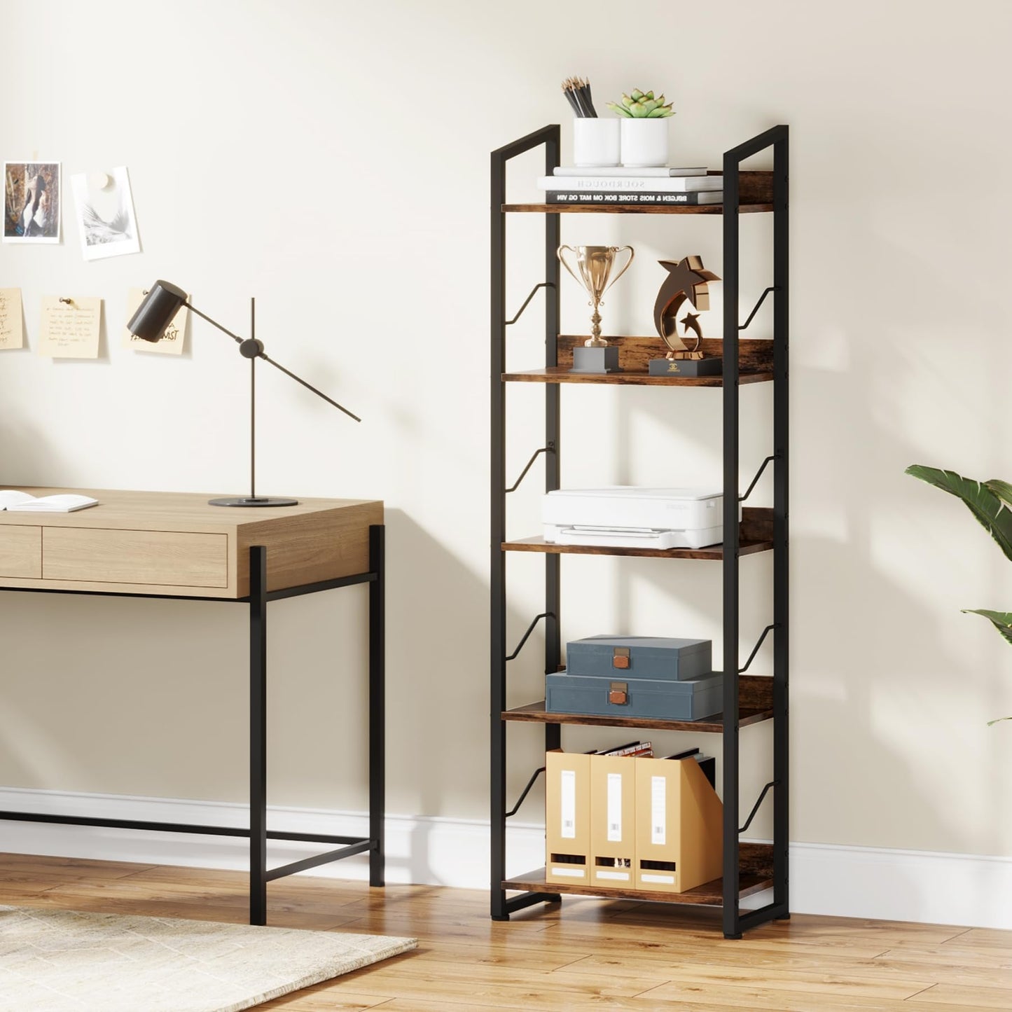 Hosfais 5 Tier Tall Bookshelf: Industrial Wood Book Shelf with Edge Protection Metal Narrow Bookshelf Bookcase Storage Organizer Display Rack for Living Room Home Office (Rustic Brown)