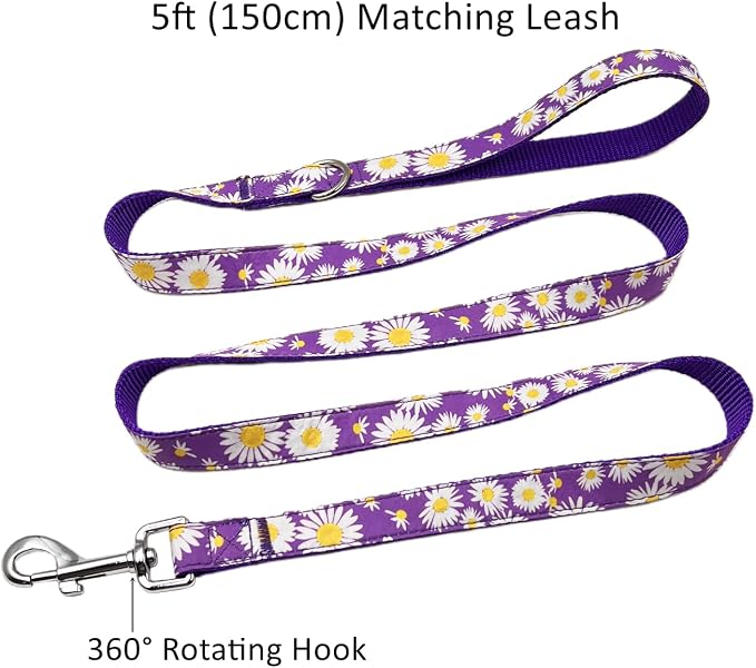 Dog Collar Leash Set, Floral Pattern, Nylon Webbing Plus Cotton Ribbon, 5ft Matching Leash, for Medium Dogs.(M, Purple Daisy)