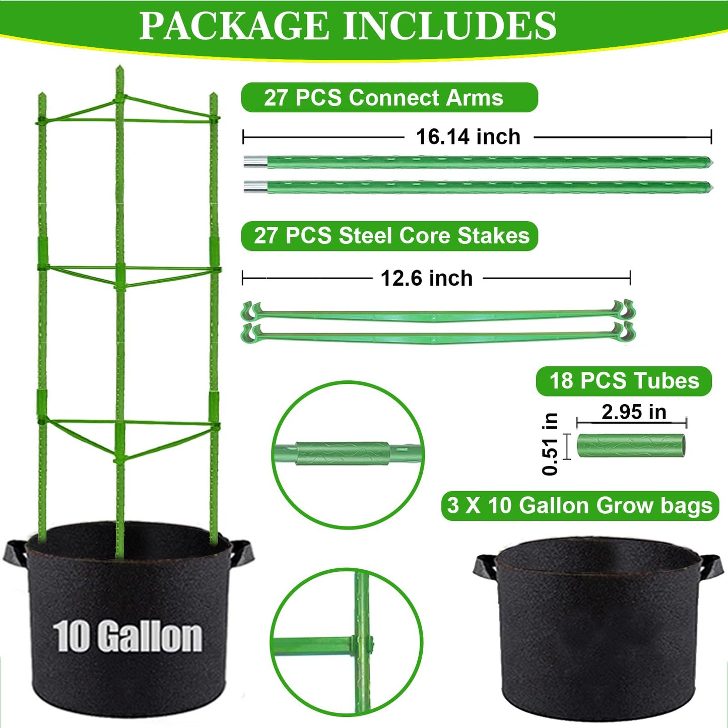 Tomato Cages with 10 Gallon Grow Bags, 48 Inches Garden Tomato Planter, 3-Pack Tomato Trellis for Raised Garden Bed, Tomato Cage Pots Plant Support Stakes Trellis for Climbing Plants Vegetable Flowers