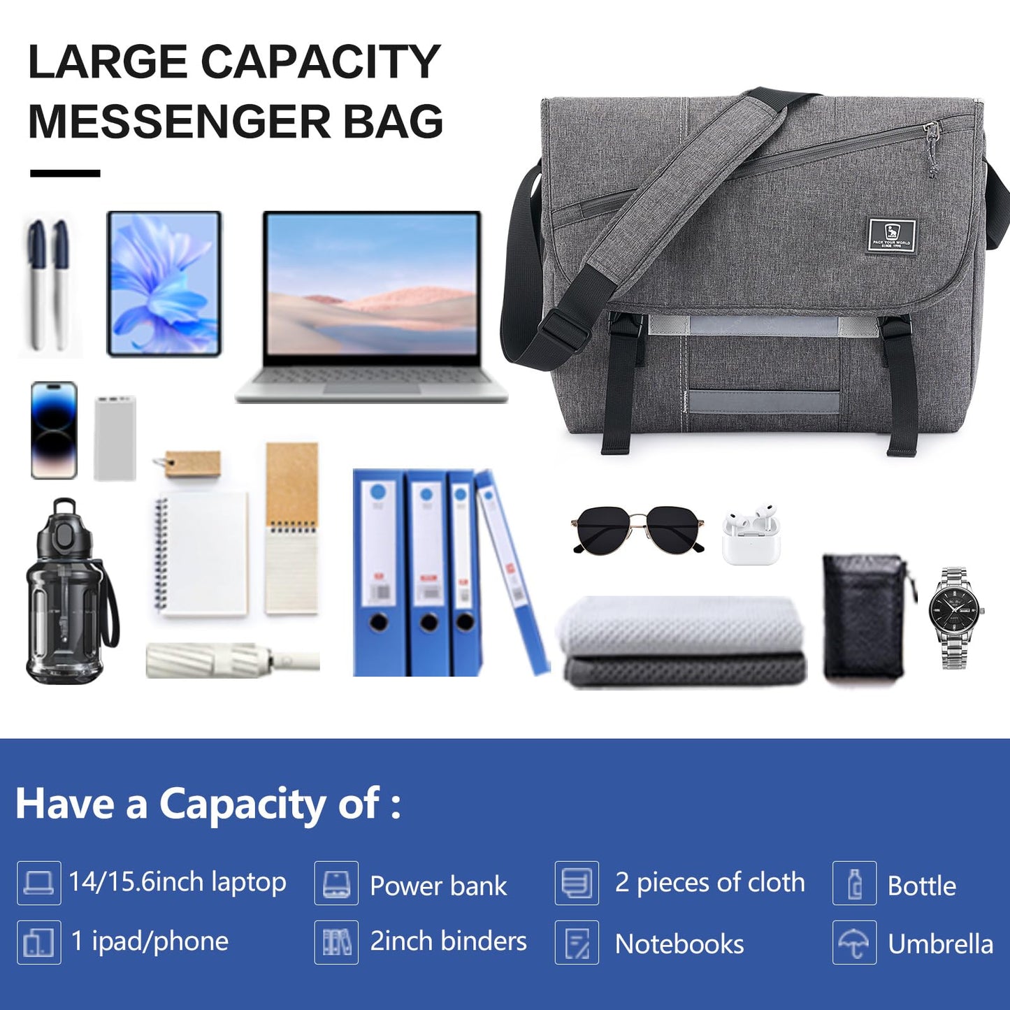 OIWAS Messenger Bag for Men, 15.6 Inch Laptop Crossbody Bags Women Casual Satchel Shoulder Bag College Travel Office Briefcase