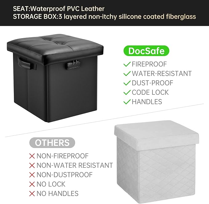 DocSafe Storage Ottoman with Lock, Fireproof Folding Ottoman Foot Rest Stool