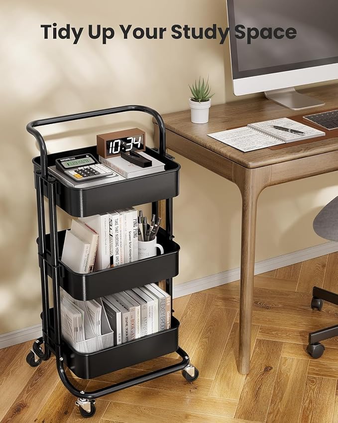 Pipishell 3 Tier Mesh Utility Cart, Rolling Metal Organization Cart with Handle and Lockable Wheels, Multifunctional Storage Shelves for Kitchen Living Room Office Black