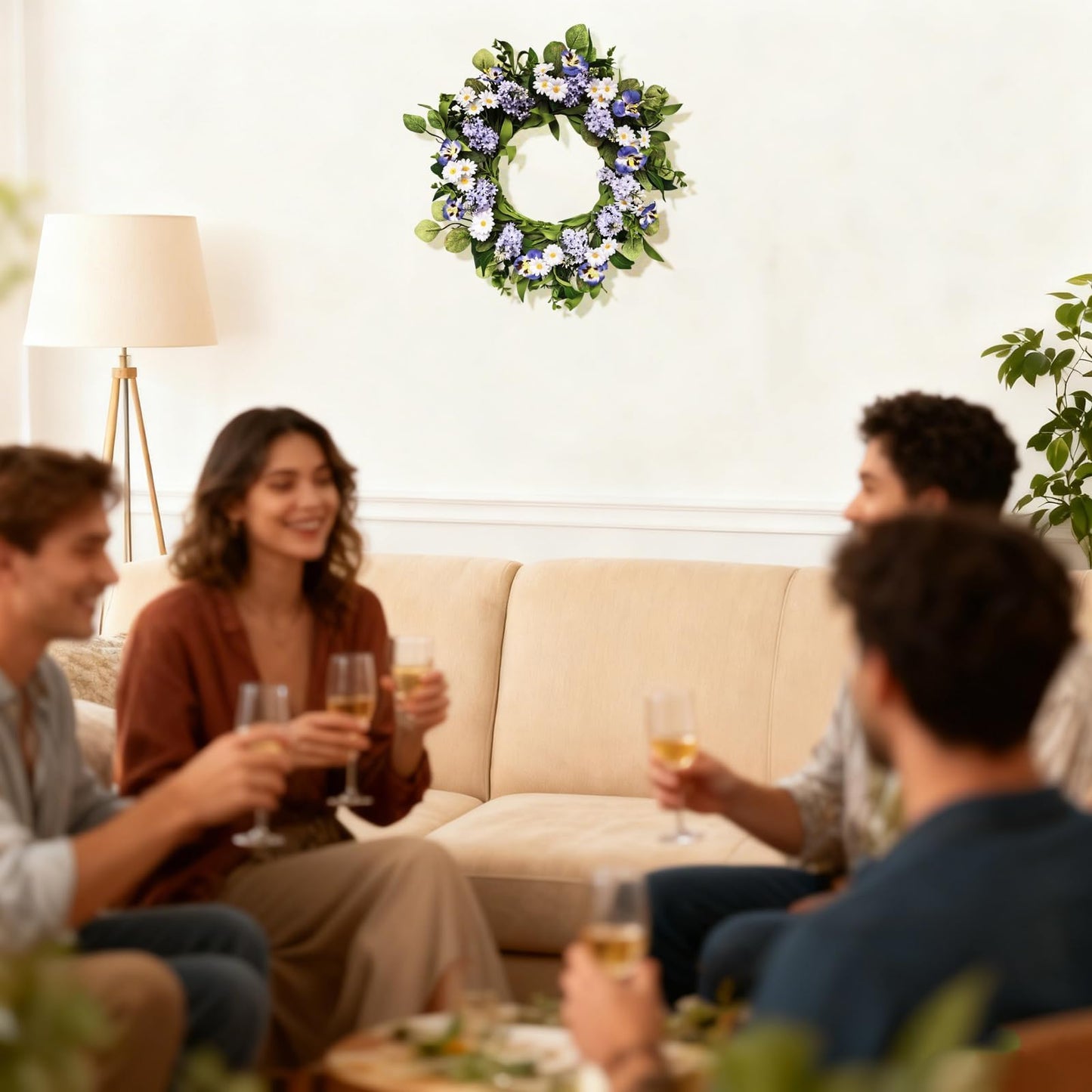 Zkieire 20 Inch Purple Artificial Lilac Daisy Pansy Wreath - Floral Wreath with Greenery for Front Door Wall Window, Spring Summer Indoor Outdoor Decor