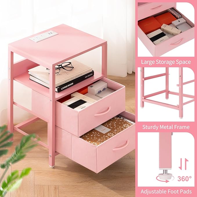 Yoobure Nightstand with Charging Station, LED Night Stand with Fabric Drawers