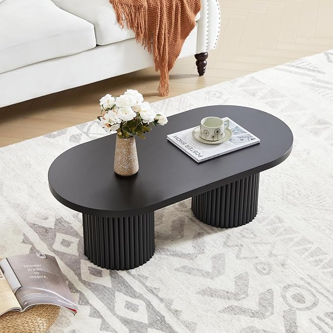 Small Fluted Coffee Table, Farmhouse Oval Wood Coffee Table Mid Century Modern