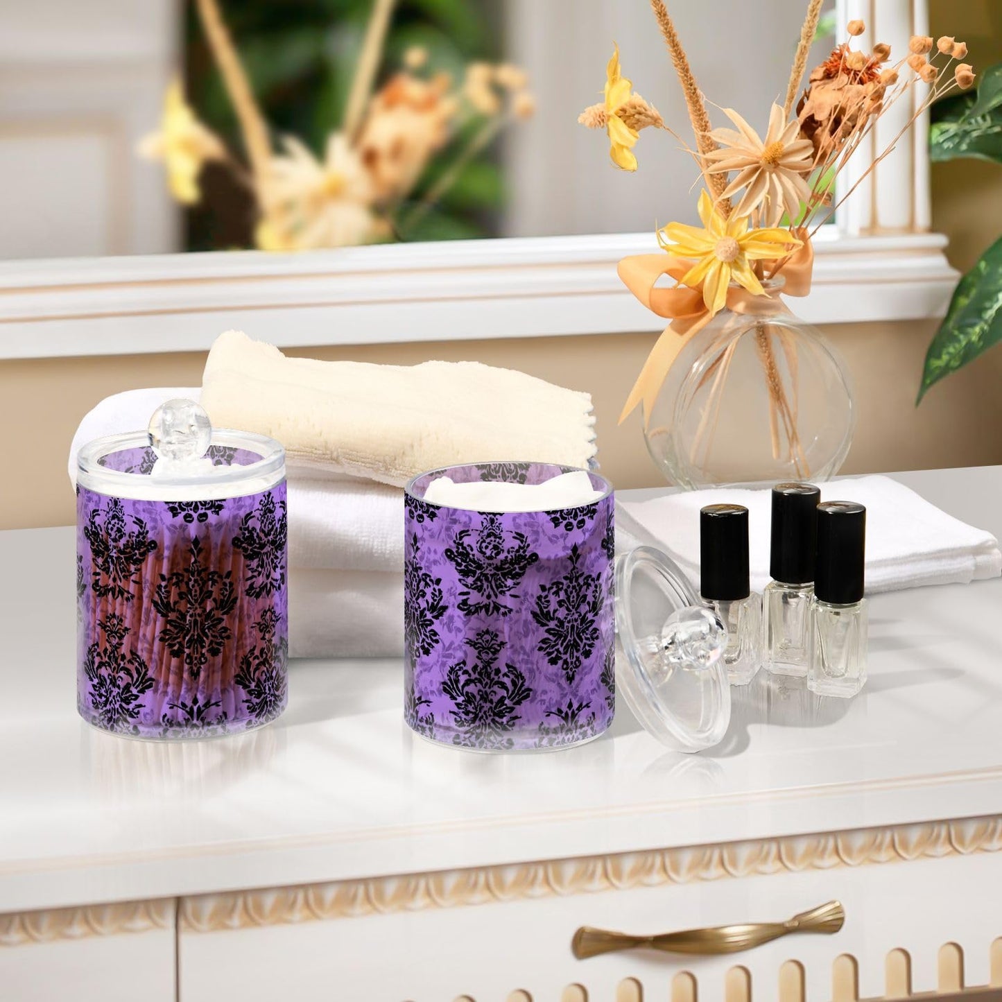 Halloween Purple Haunted Damask Qtip Holder Dispenser Qtip Apothecary Jar Plastic Bathroom Storage Canister 10 Oz for Cotton Ball Swab Round Pads Floss 2pc