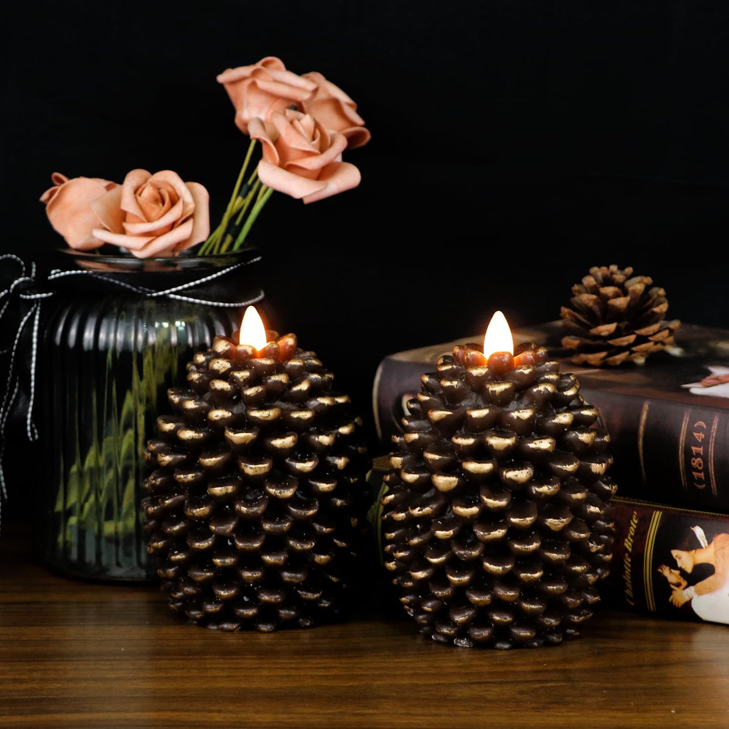 Lasumora LED Flameless Pinecone Candles with 6H Timer, Battery Operated Waxy Pillar Candles, 2 Pack Christmas Candles Flickering Acorn Decor Woodsy Home Décor Christmas Gifts(Brown, 3.5 x 4.7 Inch)