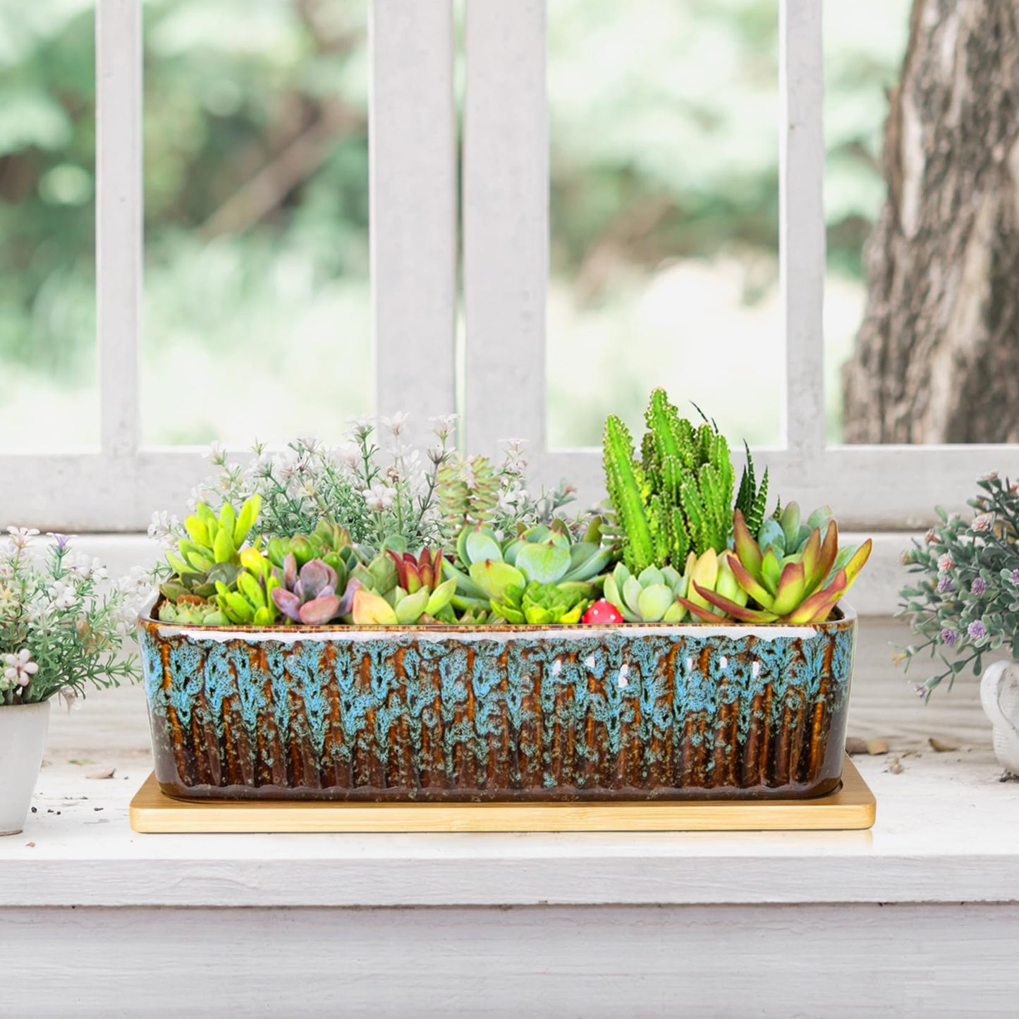 ARTKETTY Succulent Pots - 12 Inch Large Succulent Planters with Drainage Tray, Window Sill Planter, 4 Pack Small Plant Pots with Drainage Tray, 4.5 Inch Ceramic Pots for Indoor