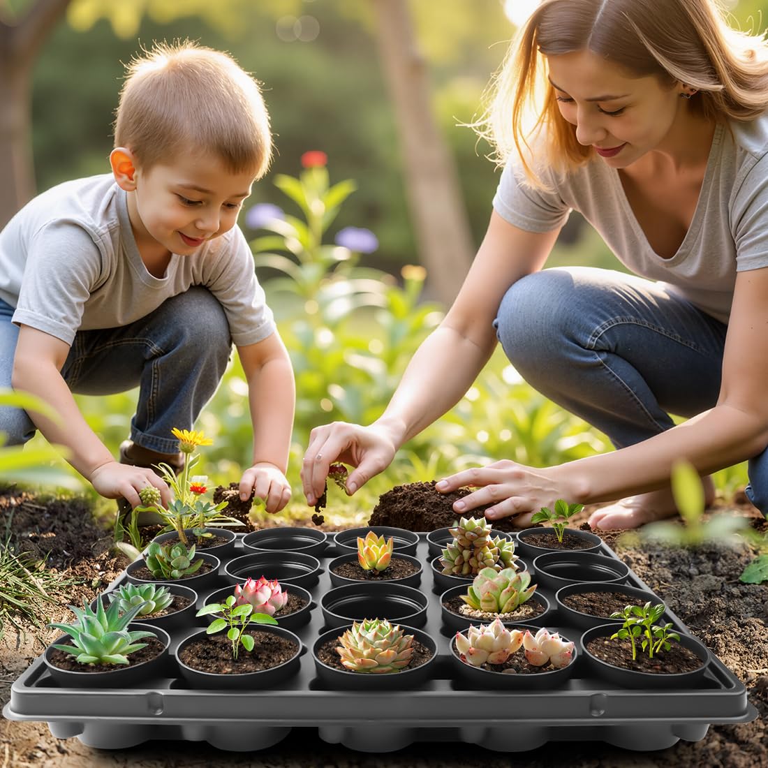 RooTrimmer 3 Inch Plastic Plant Pots 100 Pcs with 5 Pcs 20 Cell Seed Starter Trays, Thick Black Small Nursery Pots and Propagation Shuttle Trays for Seed Starting, Plant Propagation Starter Kit 5 Sets