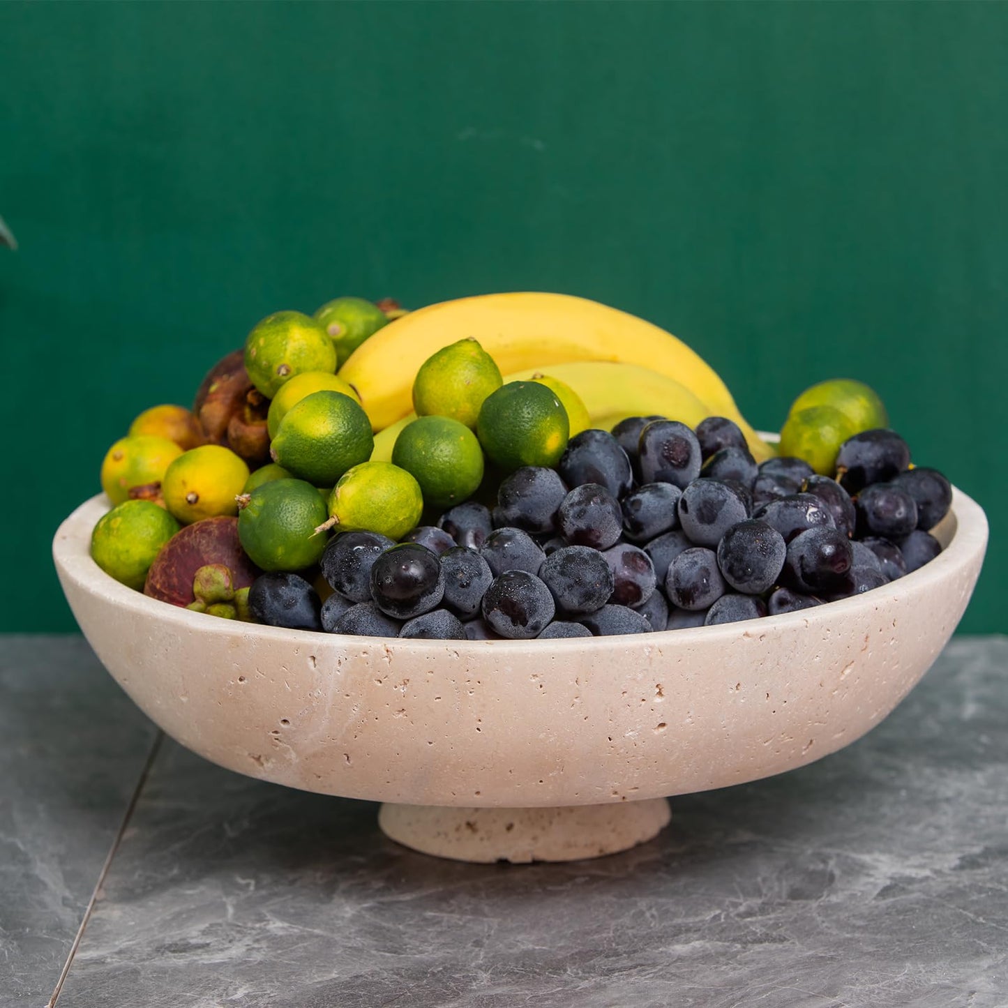 Natural Travertine Fruit Bowl for Kitchen Counter11.8",Large Decorative Bowl & Travertine Bowl Pedestalfor Kitchen Counter & Dining Table ,For Entryway, KitchenFruit Bowl, Dining Table Centerpiece.