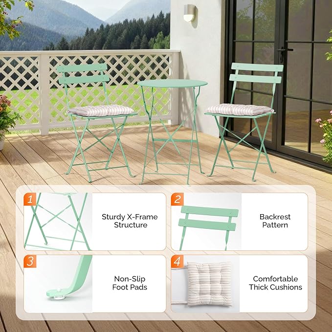 VINGLI Outdoor Folding Bistro Table and Chairs Set of 2, 3-Piece Bistro Set