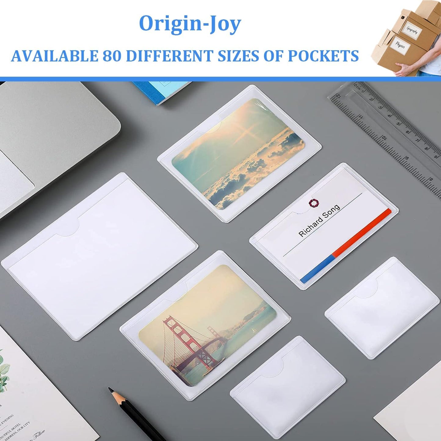 Origin-Joy 25 PCS Self-Adhesive Index Label Pockets, Clear Plastic Peel & Stick Card Holders with Top Open for Loading (6.75 x 2 inch)