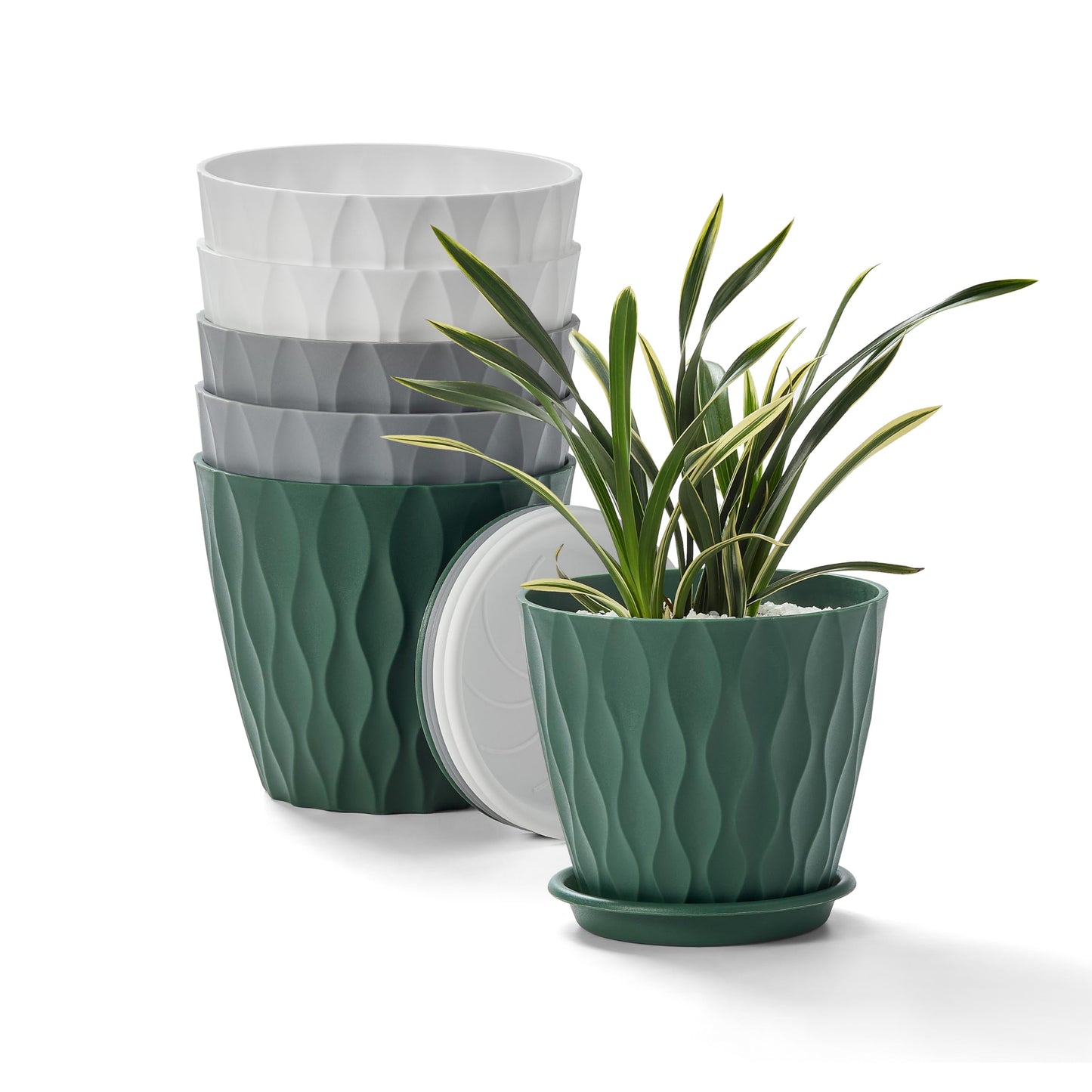 FaithLand 6-Pack 6-Inch Plastic Plant Pots with Saucers | Thickened PP Material, Modern Wave Texture, Enhanced Drainage for Indoor/Outdoor Garden Plants | Tricolor Value Set