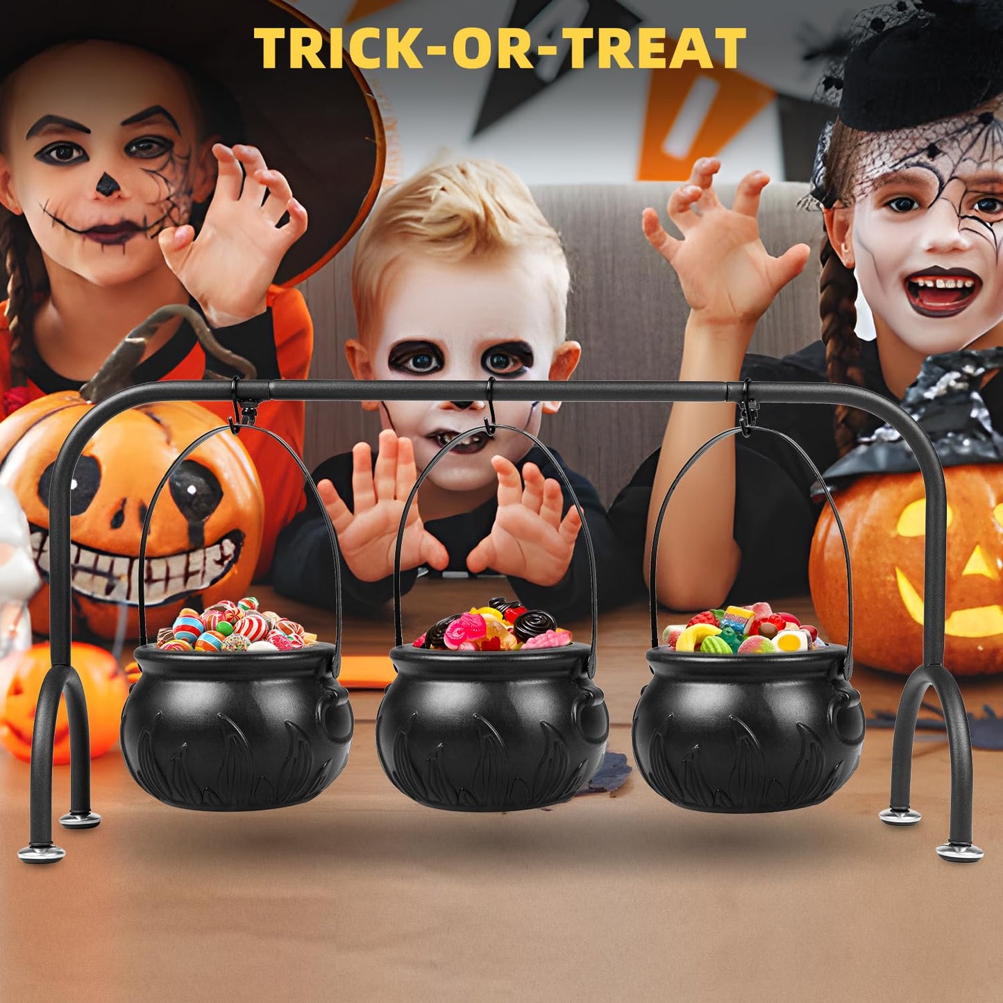 inin Halloween Party Decorations Indoor,Set of 3 Witches Cauldron Candy Serving Bowls With Rack, Easter Candy for Kids, Halloween Party Supplies,Black Plastic Candy Cauldron for Table Decor