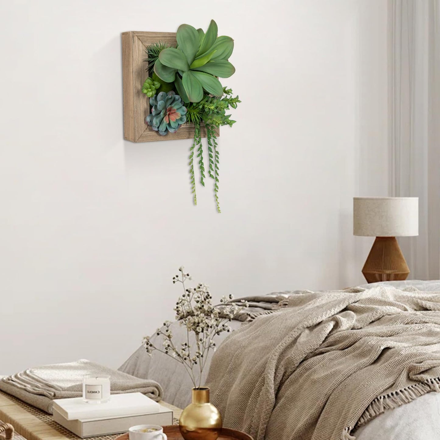 GnFlus Artificial Succulent Wall Decor - Fake Hanging Succulents with Wood Plant Box, 3D Wooden Wall Decor Faux Hanging Plants Indoor Arrangement