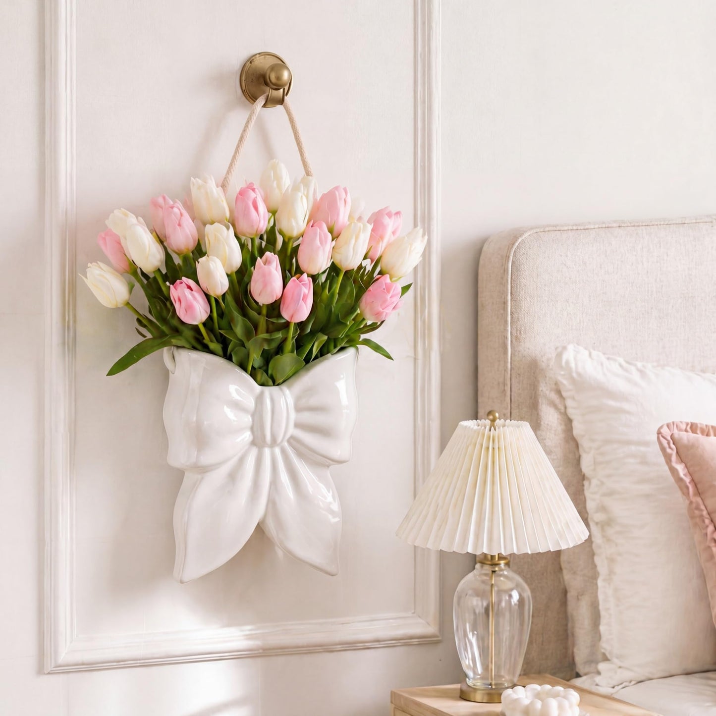 Ninehaoou Boho Hanging Wall Planters for Indoor Plants Ceramic Wall Vase for Flower Nursery Bow Decor Cute Hanging Planter Flower Pot Coquette Decor for Bedroom Living Room(White)