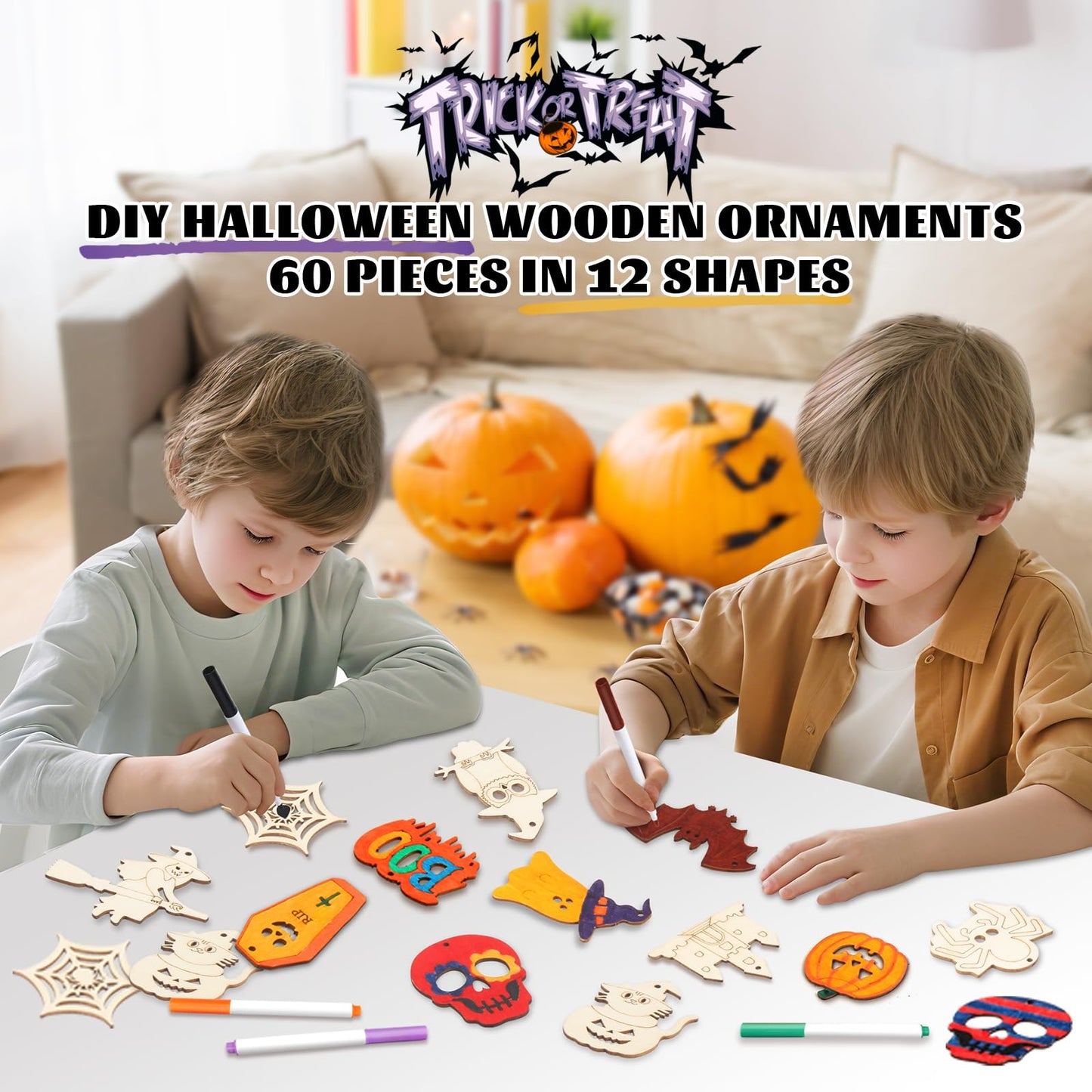 60PCS Halloween Wood Crafts for Kids, Unfinished Wooden Slices Cutouts Ornaments Bulk for Kids to Paint, DIY Halloween Painting Art Craft Activities for Hanging Decorations Gifts Pumpkin