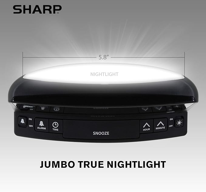 Sharp Digital Alarm Clock, 1.8" Red LED, Night Light, Loud Alarm, Black | Front keyboard controls, 9-minute snooze, AC powered, 9V settings backup, across-room viewing, bedroom, nursery, bathroom