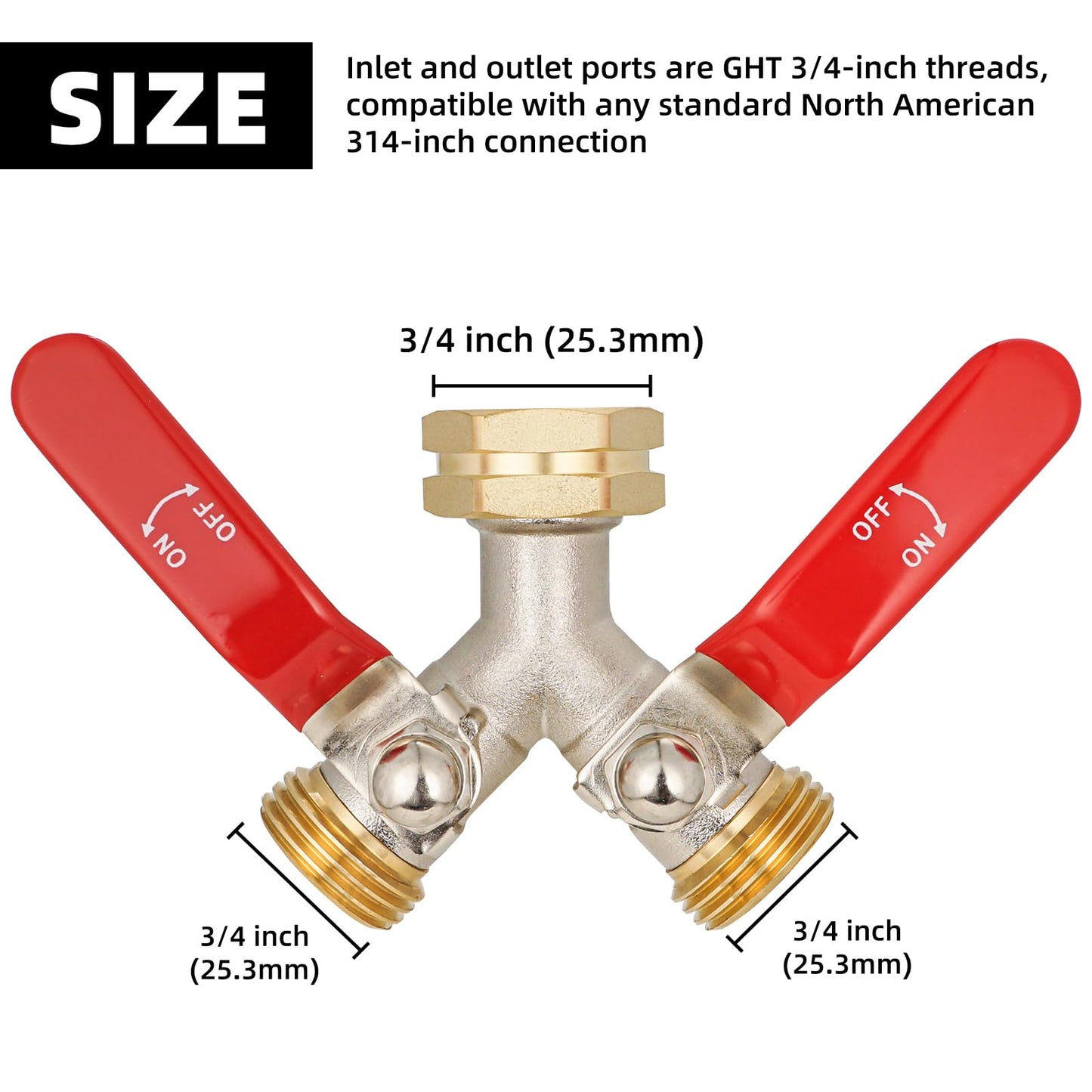 DINGBAI Hose Splitter 2 Way, High Flow Garden Hose Splitter, 3/4” Ght Inlet Brass Heavy Duty Hose Converter, Full Flow water 2 Way Faucet hose splitter, Long Handle Hose Valve Large Outlet.