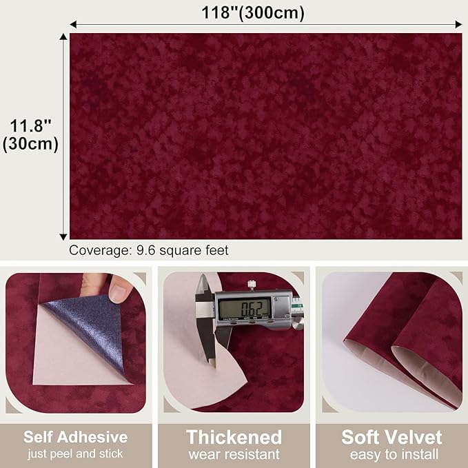 Dark Red Self Adhesive Velvet Flocking Liner, Soft Fabric Contact Paper