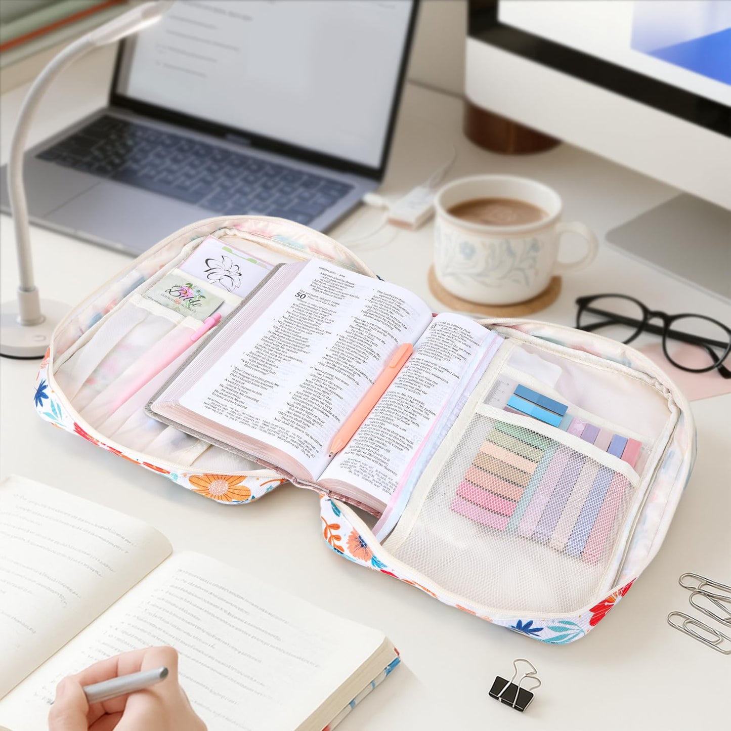 XKDOUS Bible Cover Case for Women Floral Pattern Bible Bag with Handle, Pens & Tabs, Study Supplies Carrying Case Organizer Portable Church Book Holder