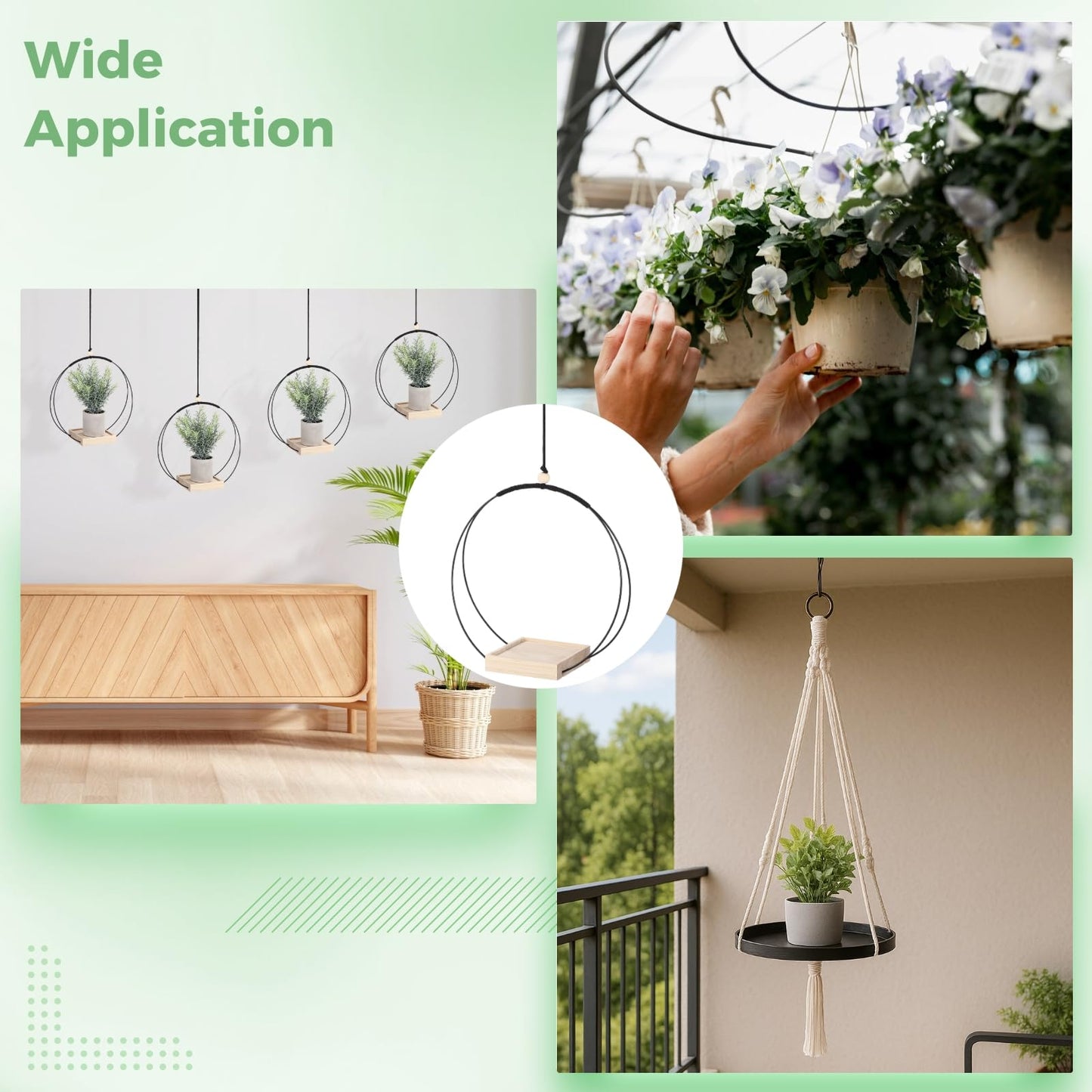 Tressify 4 Pcs Hanging Plant Holder with Wooden Base, Metal Circle Planter, Ceiling Hooks for Small Pots, Macrame, Indoor Outdoor