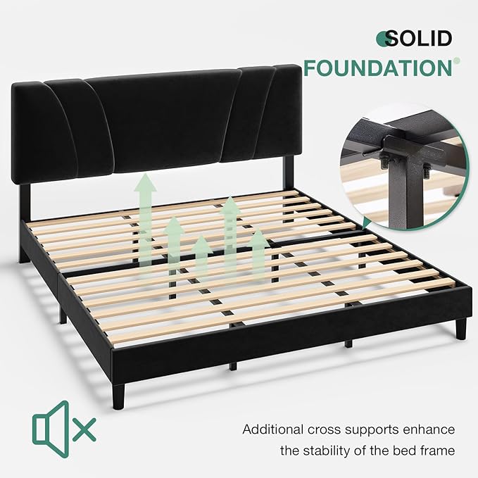 Novilla King Bed Frame and Headboard, King Bed Frame, Velvet Upholstered Bed