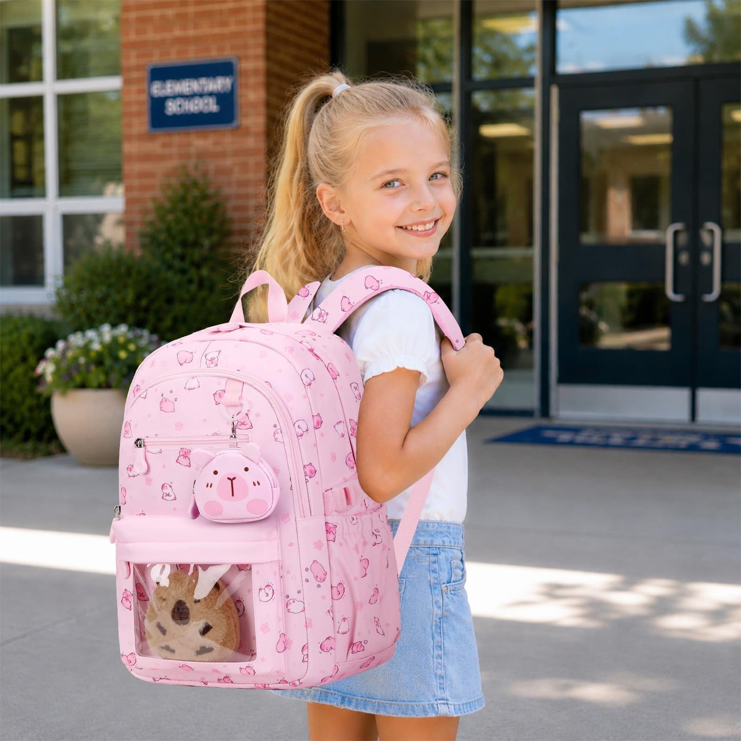 Similove Capybara Theme Backpack for School Girls, 35PCS Kids Backpack Set with School Supplies Stationery Kit Lunch Box Pencil Case, Cute Girls Bookbag for Kindergarten Elementary Student
