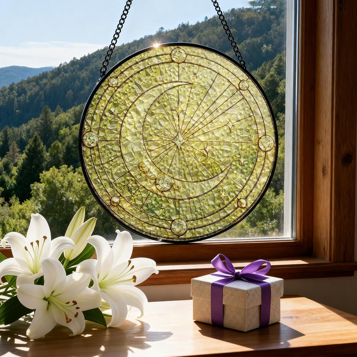 Stained Glass Window Hanging, Crescent Moon Sun Catchers Stained Glass Panels for Indoor Windows Wall Art Decor, Mother's Day Birthday Gift for Mom Women Wife Men Lovers (7.87in)