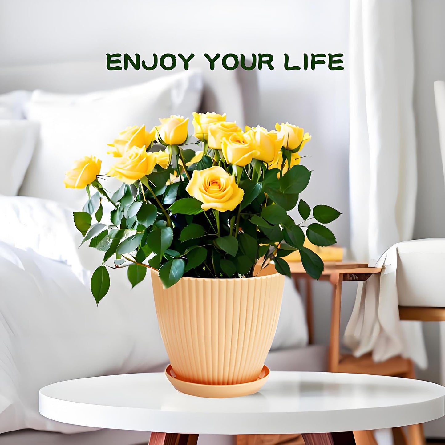 MUXINCAMP 7 Inch Large Plant Pots, 6 Pack Flower Pots with Drainage Hole and Tray Saucer Plastic Plant Pot for Outdoor Indoor House Plants and Flowers Herbs (Khaki)