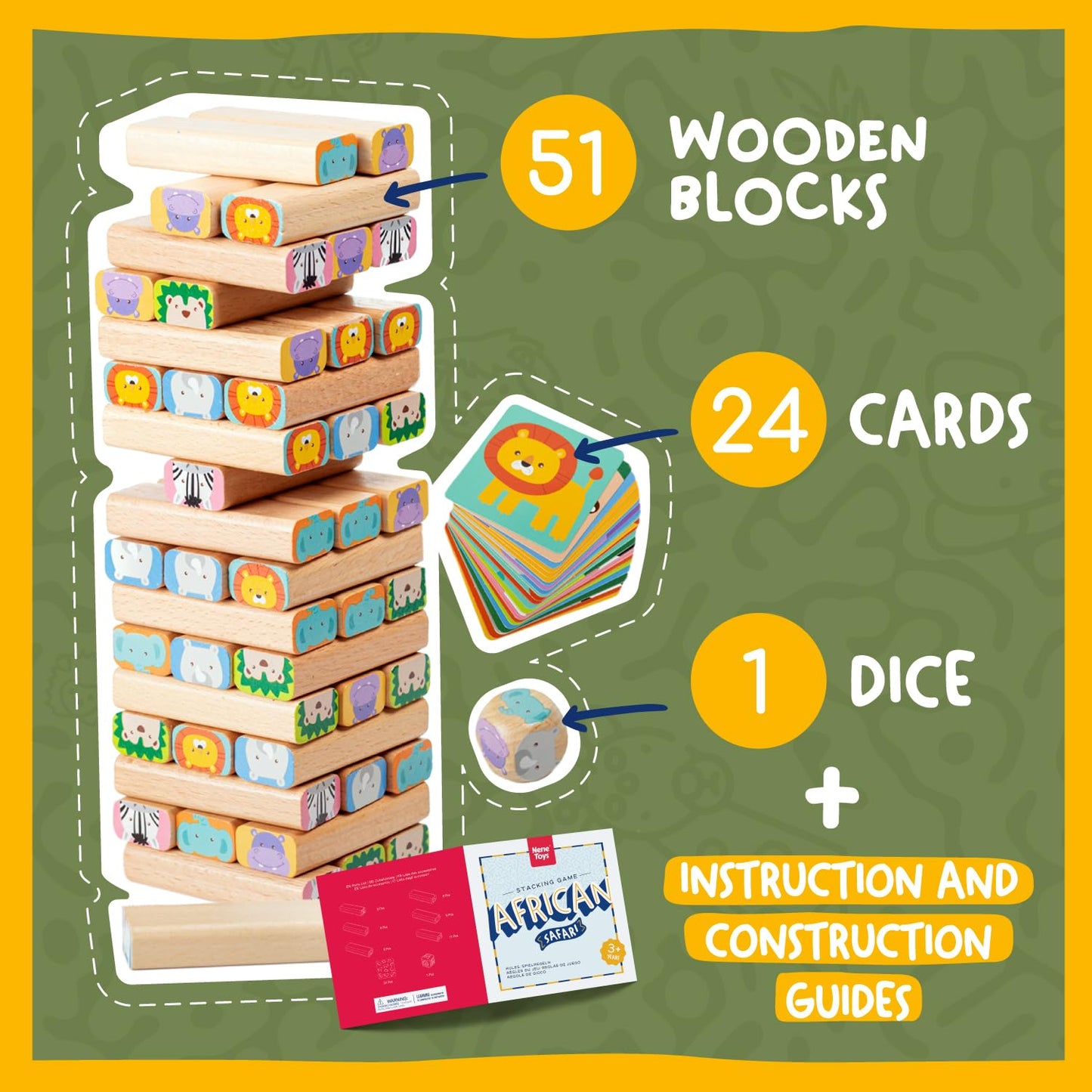 Nene Toys Wooden Block Stacking Game ā 4-in-1 Tumble Tower Family Board Game with Building Blocks, Cards and Dice ā African Safari Educational Wooden Toy for Kids 3-9 Years Old About Animals