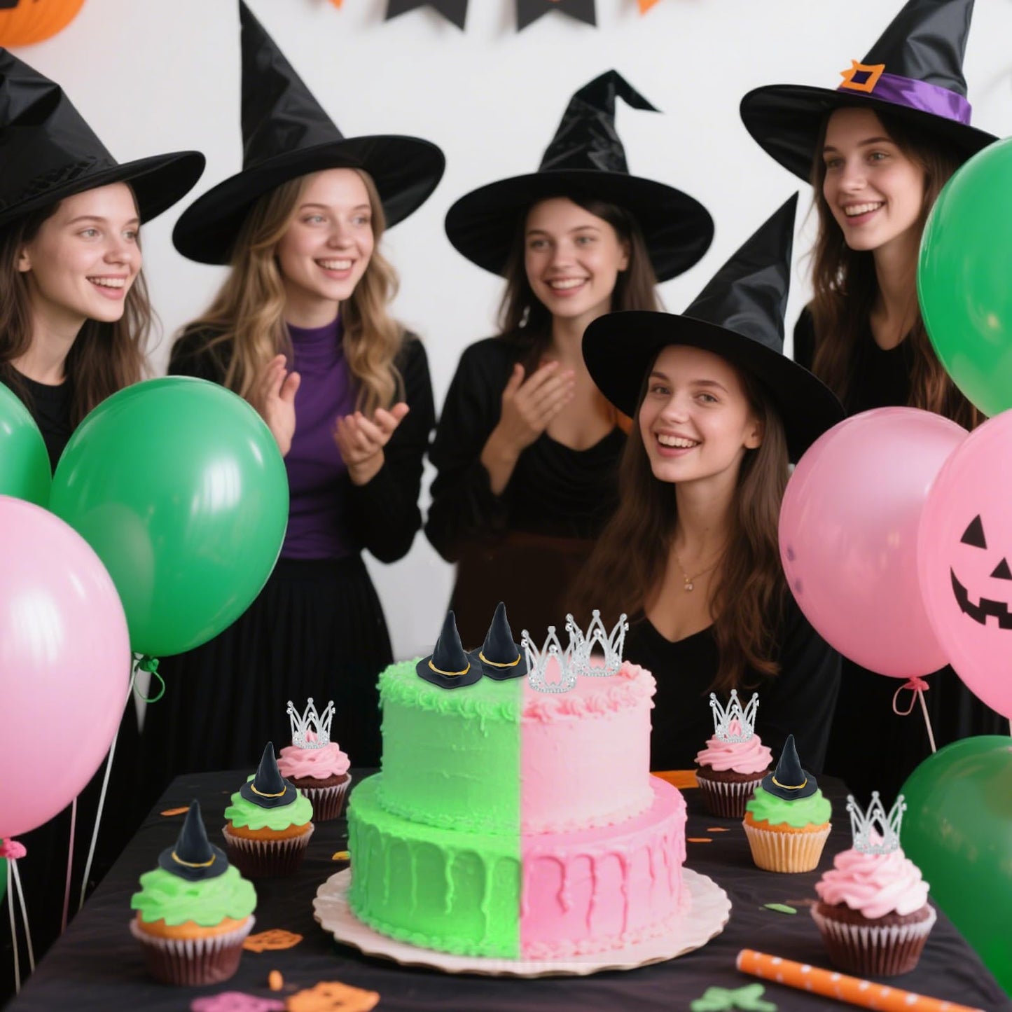 24 Pcs Witch Hat and Crown Cake Topper,Wicked Cake Topper and Wicked Cupcake Toppers,For Party, Birthday Cake, Craft Decoration