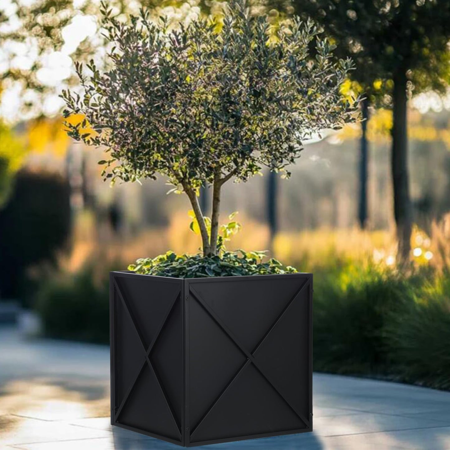 BAYN Metal Square Planter Box Tall Planters for Outdoor Plants Modern Heavy Duty with Drainage Holes for Outside Indoor Patio Deck - Black, 17”x 17”x 18”