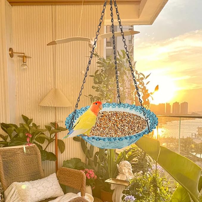 Bird Bath Hanging Seed Feeder Garden Plate Hanging Tray for Wild Backyard Attracting Birds (Blue-Single Bath)