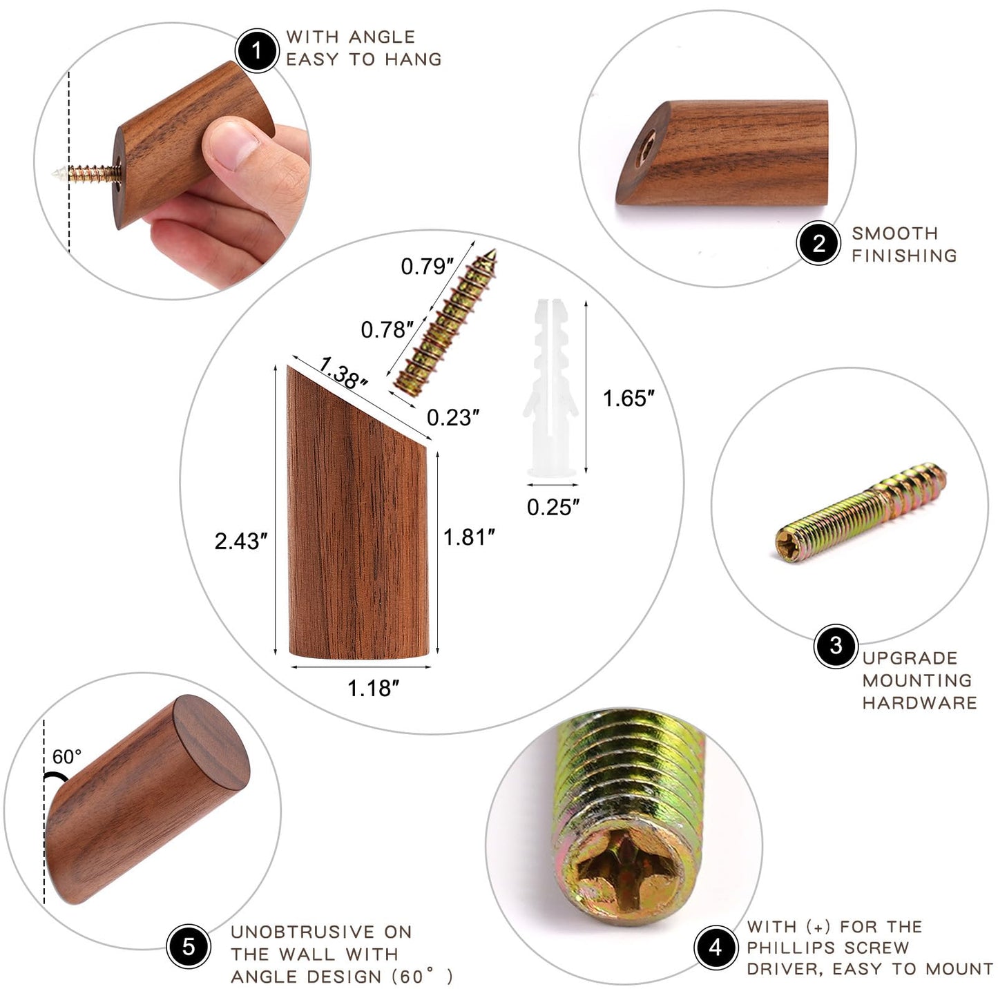 Felidio Wood Wall Hooks, 3 Pack Rustic Coat Hook Wall-Mounted, Decorative Hooks for Hanging Coats Hats Towels Robes Hat Rack for Wall (Walnut Wood)