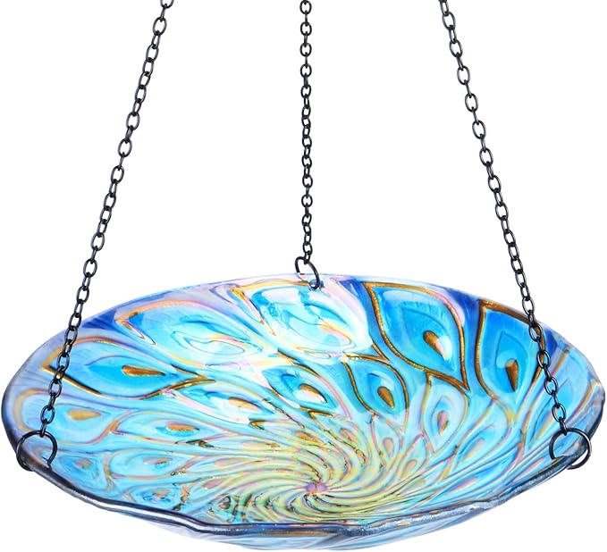 MUMTOP 11 inch Hanging Bird Bath Glass BirdBath Peacock Outdoor Birdfeeder for Garden Yard Decoration